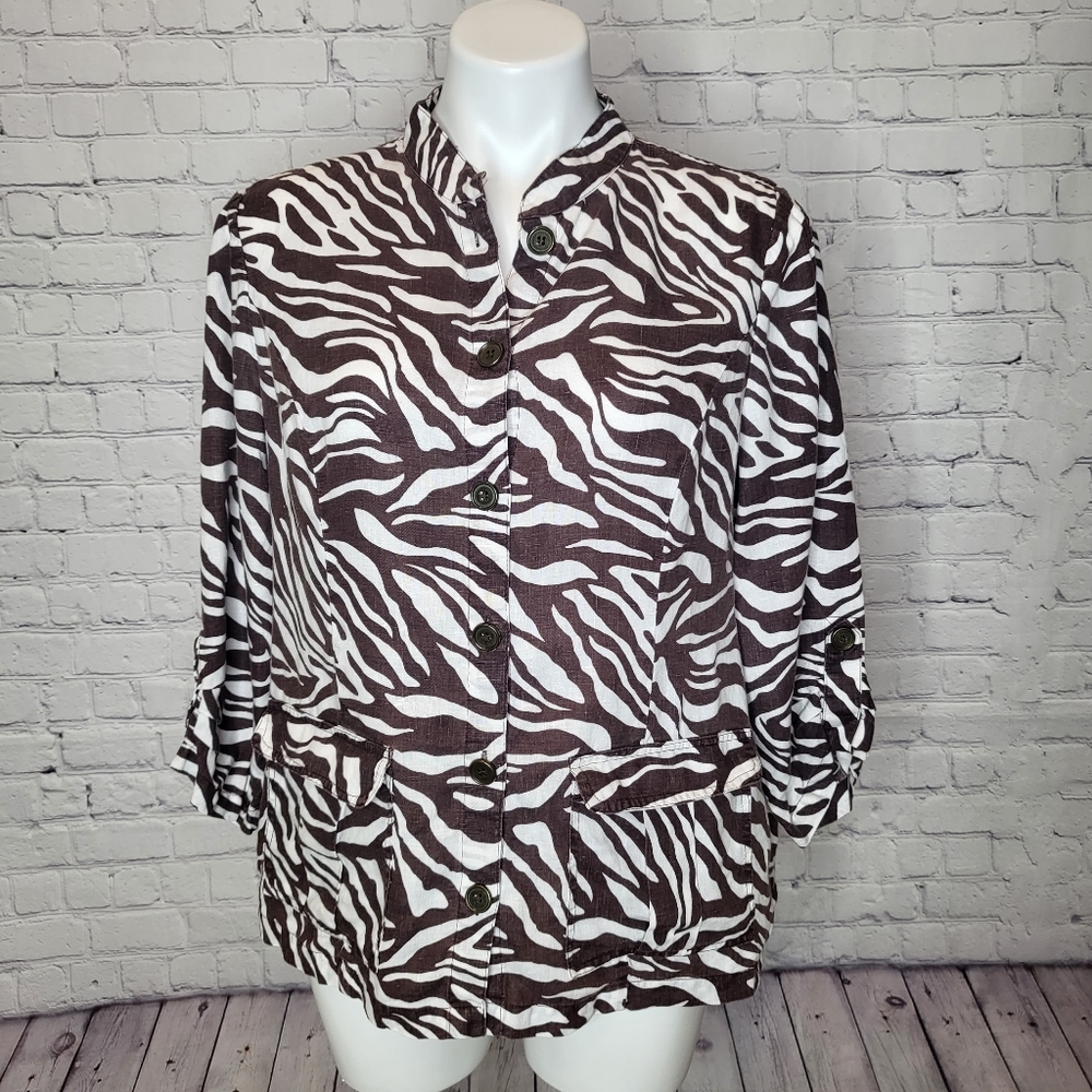 Chicos Brown Zebra Print Linen Jacket Top Size 1 (M)